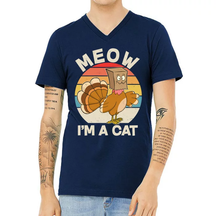 Funny Vintage Thanksgiving Turkey Meow I'm A Cat V-Neck T-Shirt