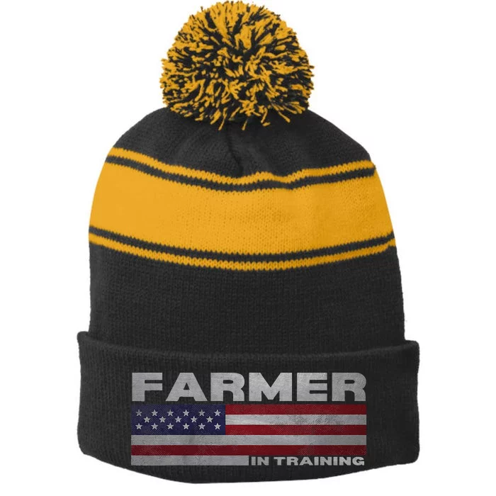 Funny Vintage Tractor Idea Farmer In Training Stripe Pom Pom Beanie