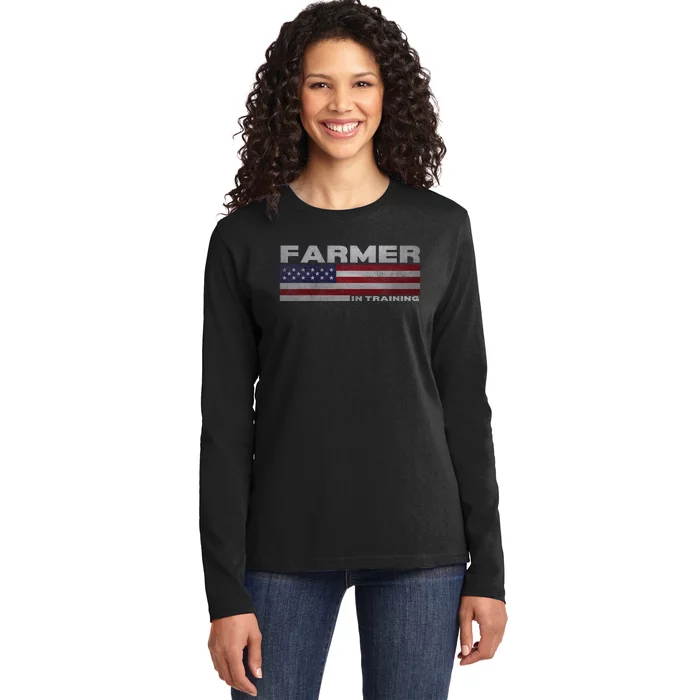 Funny Vintage Tractor Idea Farmer In Training Ladies Long Sleeve Shirt