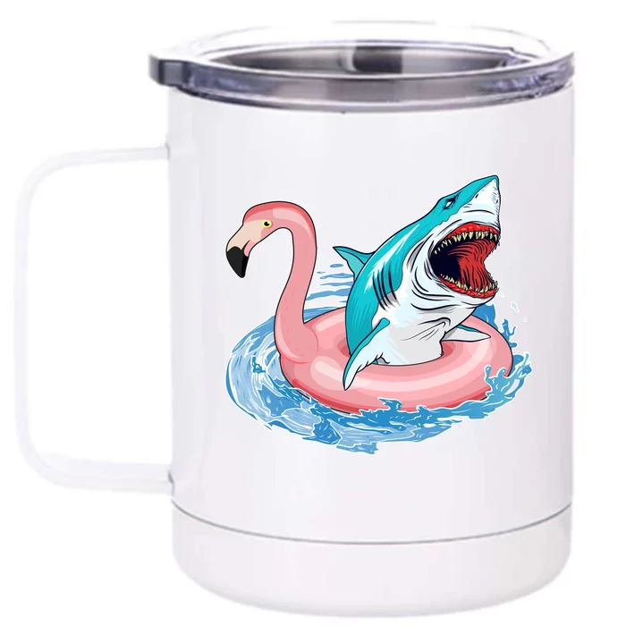 Funny Vacation Time Flamingo SwimTube Shark Front & Back 12oz Stainless Steel Tumbler Cup