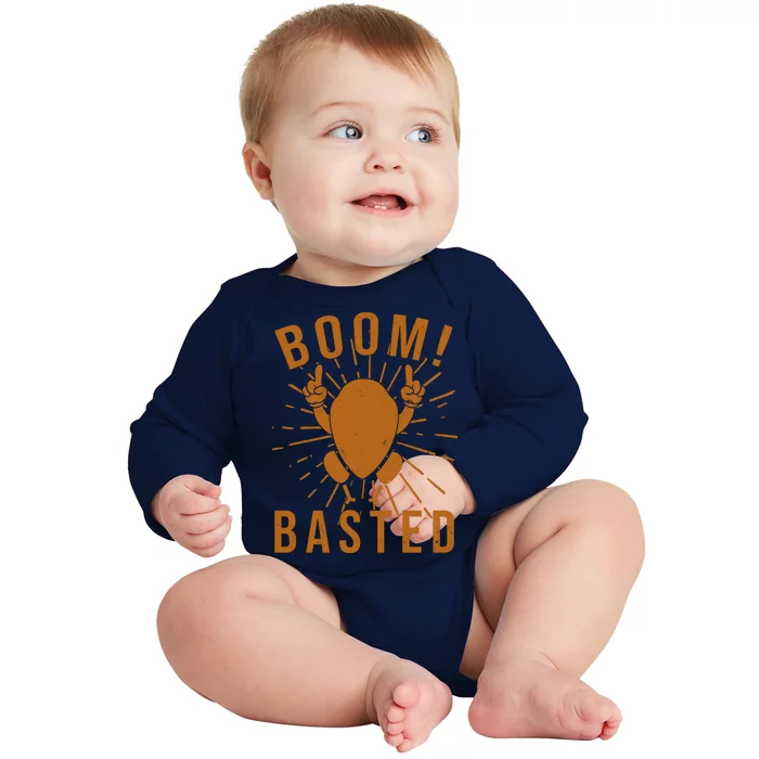 Funny Vintage Thanksgiving Turkey Boom Basted Baby Long Sleeve Bodysuit