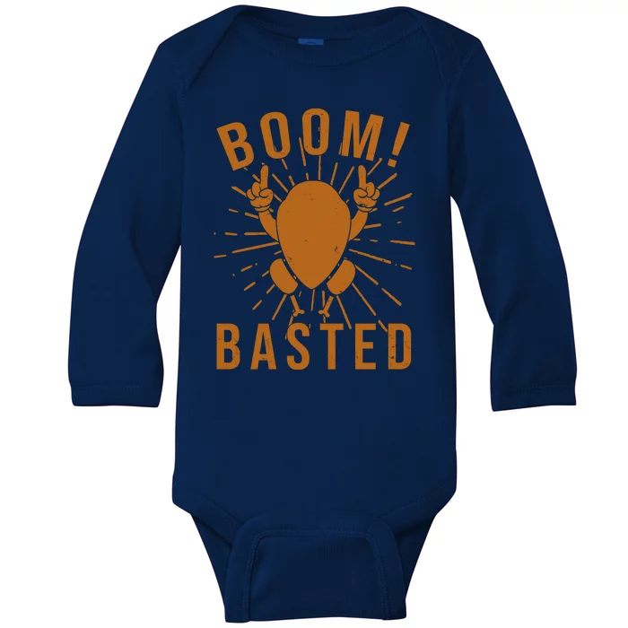 Funny Vintage Thanksgiving Turkey Boom Basted Baby Long Sleeve Bodysuit