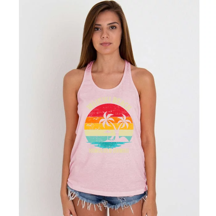 Family Vacation Vintage Retro Honolulu Hawaii Waikiki Beach Gift Women's Knotted Racerback Tank