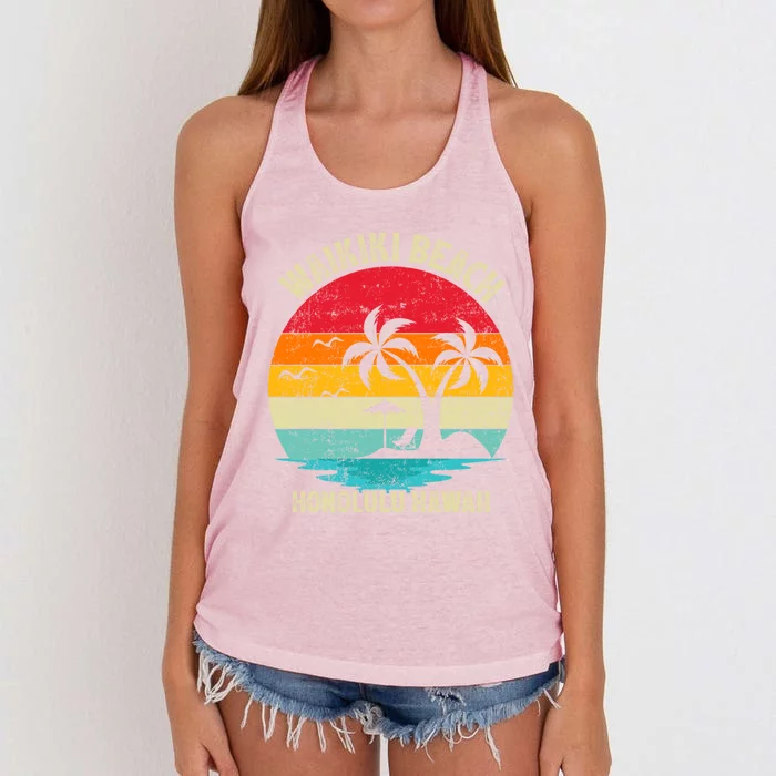 Family Vacation Vintage Retro Honolulu Hawaii Waikiki Beach Gift Women's Knotted Racerback Tank