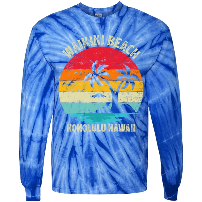 Family Vacation Vintage Retro Honolulu Hawaii Waikiki Beach Funny Gift Tie-Dye Long Sleeve Shirt