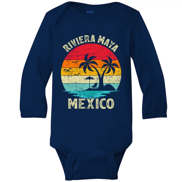 Family Vacation Vintage Retro Mexico Riviera Maya Beach Gift Baby Long Sleeve Bodysuit