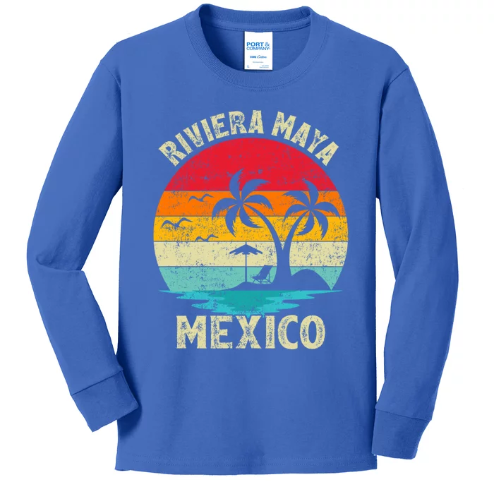 Family Vacation Vintage Retro Mexico Riviera Maya Beach Gift Kids Long Sleeve Shirt