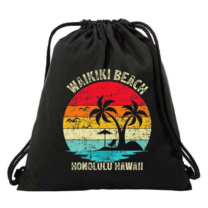 Family Vacation Vintage Retro Honolulu Hawaii Waikiki Beach Drawstring Bag