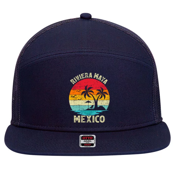 Family Vacation Vintage Retro Mexico Riviera Maya Beach Gift 7 Panel Mesh Trucker Snapback Hat