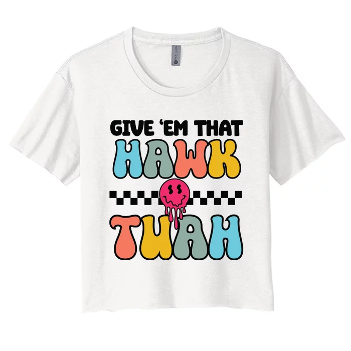 Funny Viral Video Western Humor Country Accent Hawk Tuah Meme Women's Crop Top Tee