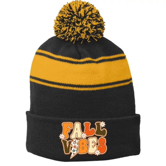 Fall Vibes Vintage Groovy Autumn Season Retro Thanksgiving Stripe Pom Pom Beanie