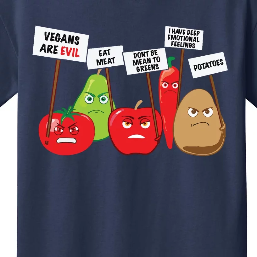 Funny Vegan Vegetables Fruits Protesting Against Vegans Kids T-Shirt