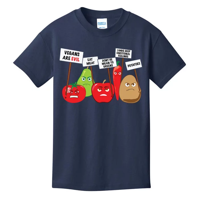 Funny Vegan Vegetables Fruits Protesting Against Vegans Kids T-Shirt