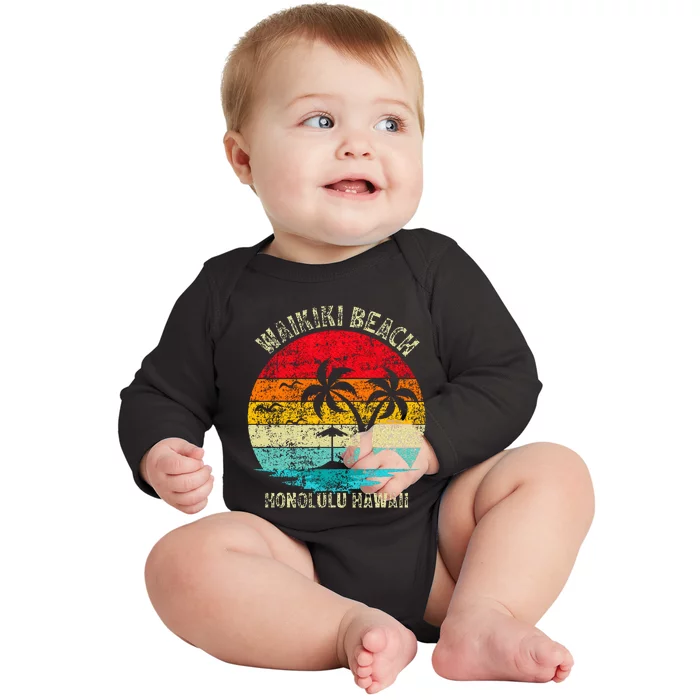 Family Vacation Vintage Retro Honolulu Hawaii Waikiki Beach Baby Long Sleeve Bodysuit