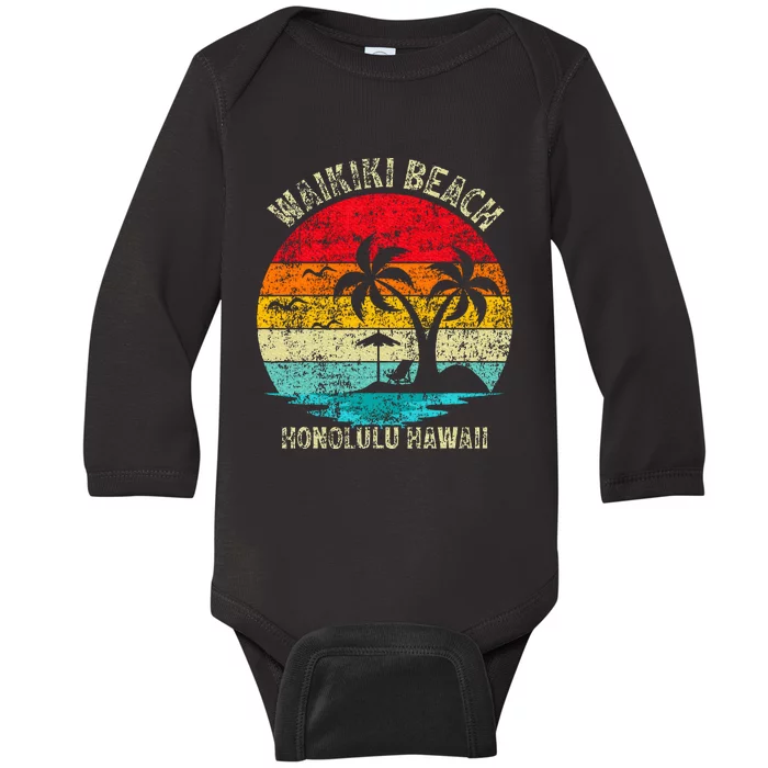 Family Vacation Vintage Retro Honolulu Hawaii Waikiki Beach Baby Long Sleeve Bodysuit