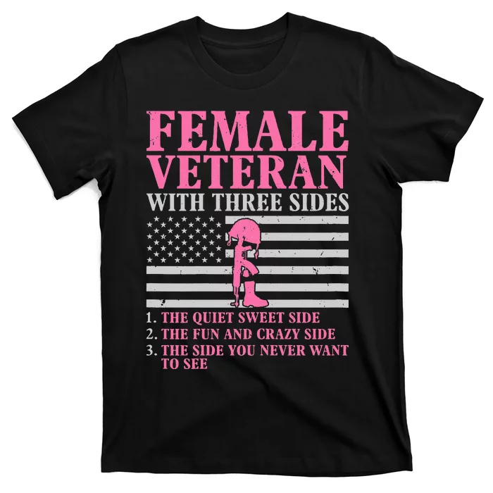 Female Veteran With Three Sides Veteran Mother Grandma T-Shirt