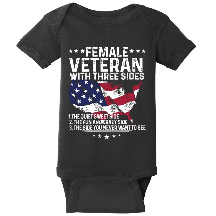 Female Veteran With Three Sides Women Veteran American Flag Baby Bodysuit