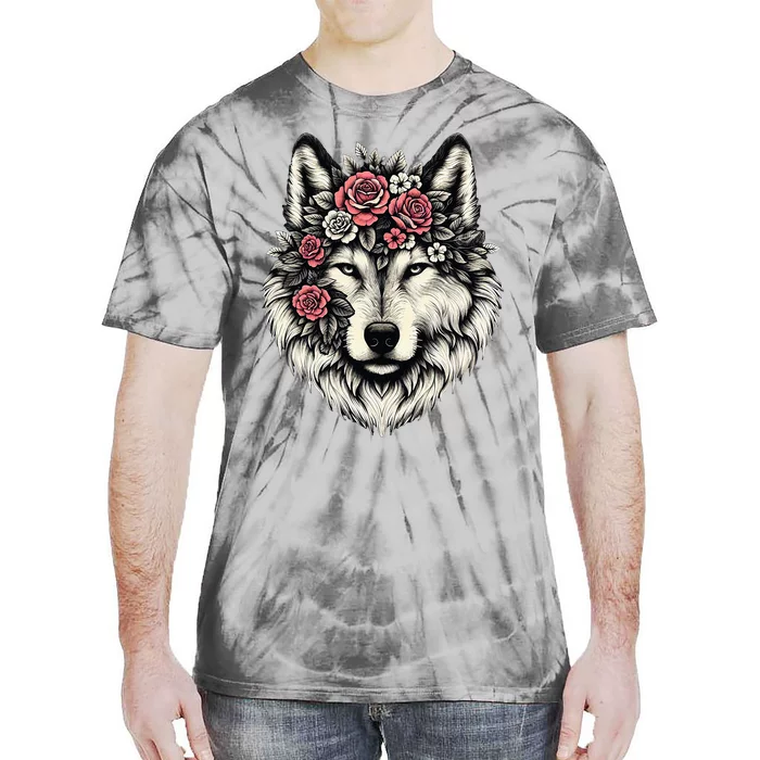 Floral Wolf Animal Cute Botanical Wolf Flowers Wolf Lovers Tie-Dye T-Shirt