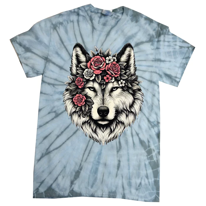 Floral Wolf Animal Cute Botanical Wolf Flowers Wolf Lovers Tie-Dye T-Shirt