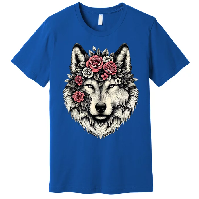 Floral Wolf Animal Cute Botanical Wolf Flowers Wolf Lovers Premium T-Shirt