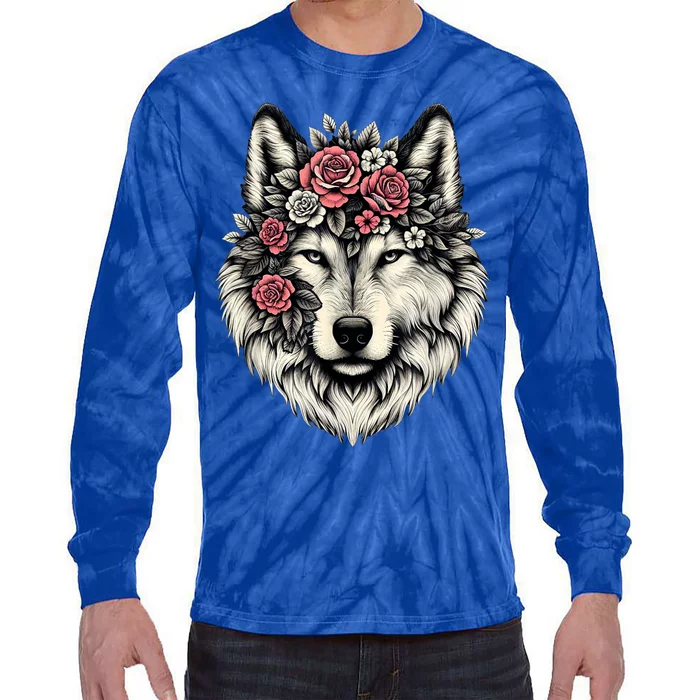 Floral Wolf Animal Cute Botanical Wolf Flowers Wolf Lovers Tie-Dye Long Sleeve Shirt