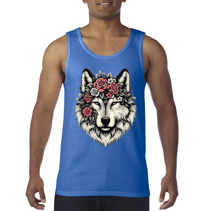 Floral Wolf Animal Cute Botanical Wolf Flowers Wolf Lovers Tank Top