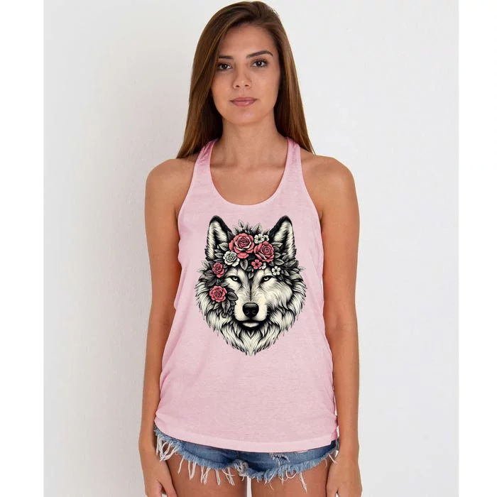 Floral Wolf Animal Cute Botanical Wolf Flowers Wolf Lovers Women's Knotted Racerback Tank