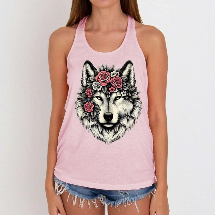 Floral Wolf Animal Cute Botanical Wolf Flowers Wolf Lovers Women's Knotted Racerback Tank