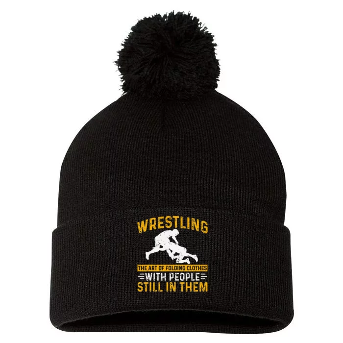 Funny Wrestling Art Of Folding Clothes With People In Them Pom Pom 12in Knit Beanie