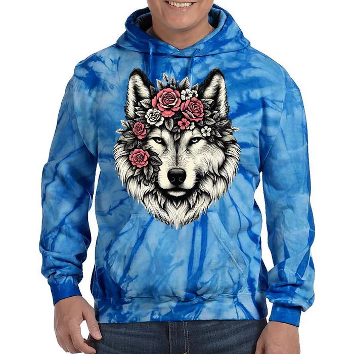 Floral Wolf Animal Cute Botanical Wolf Flowers Wolf Lovers Tie Dye Hoodie