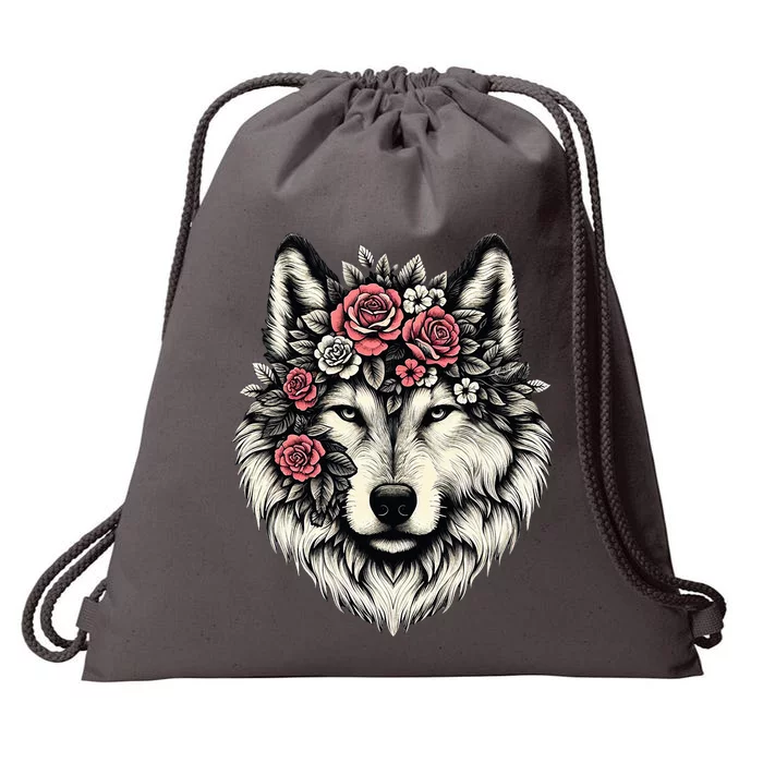 Floral Wolf Animal Cute Botanical Wolf Flowers Wolf Lovers Drawstring Bag