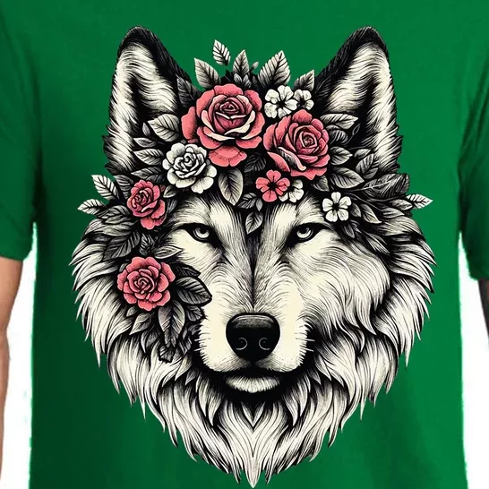 Floral Wolf Animal Cute Botanical Wolf Flowers Wolf Lovers Pajama Set