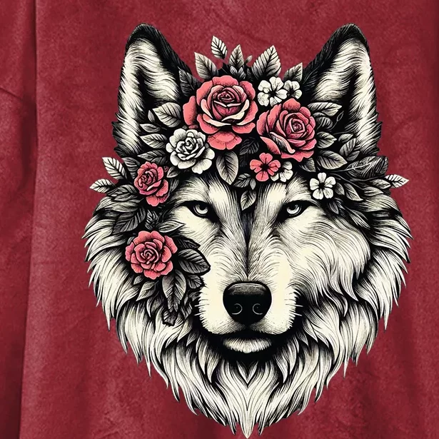 Floral Wolf Animal Cute Botanical Wolf Flowers Wolf Lovers Hooded Wearable Blanket