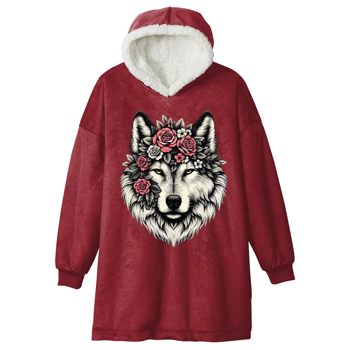 Floral Wolf Animal Cute Botanical Wolf Flowers Wolf Lovers Hooded Wearable Blanket