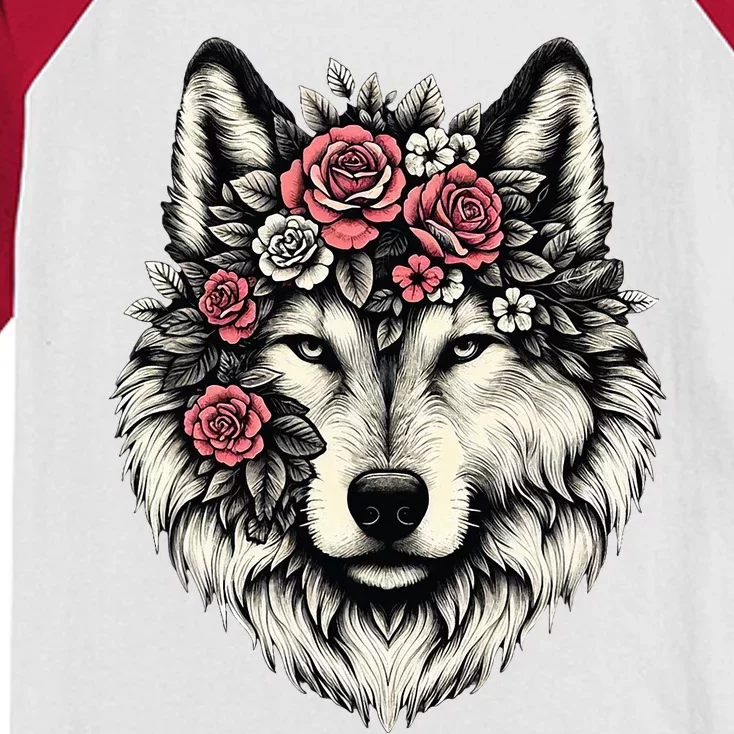 Floral Wolf Animal Cute Botanical Wolf Flowers Wolf Lovers Kids Colorblock Raglan Jersey