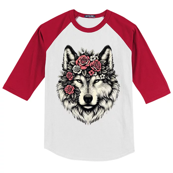 Floral Wolf Animal Cute Botanical Wolf Flowers Wolf Lovers Kids Colorblock Raglan Jersey