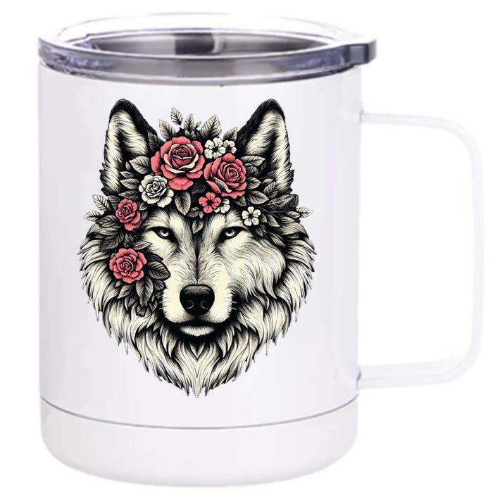 Floral Wolf Animal Cute Botanical Wolf Flowers Wolf Lovers Front & Back 12oz Stainless Steel Tumbler Cup