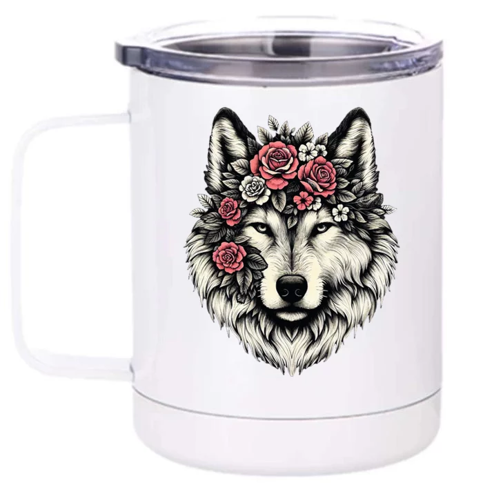 Floral Wolf Animal Cute Botanical Wolf Flowers Wolf Lovers Front & Back 12oz Stainless Steel Tumbler Cup