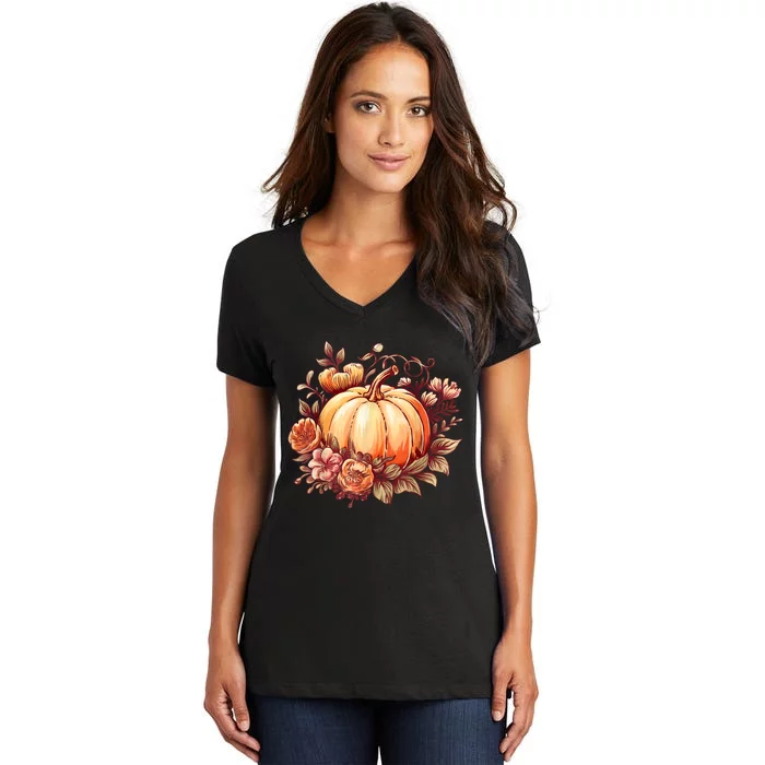 Fall Women Autumn Pumpkin Graphic Vintage Thanksgiving Women's V-Neck T-Shirt