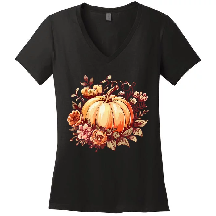 Fall Women Autumn Pumpkin Graphic Vintage Thanksgiving Women's V-Neck T-Shirt