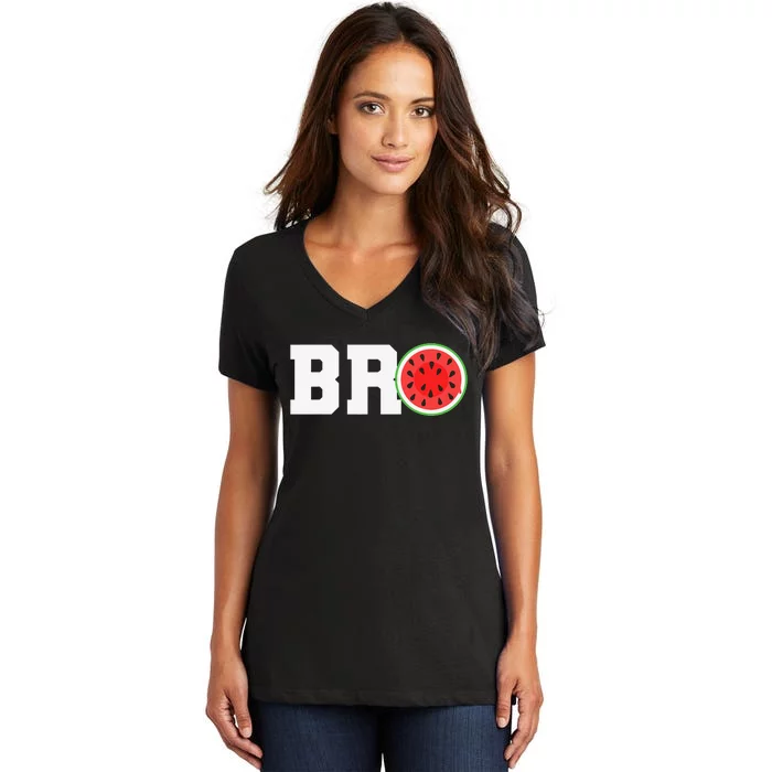 Funny Watermelon Bro Cute Summer Vacation Brother Sibling Women's V-Neck T-Shirt