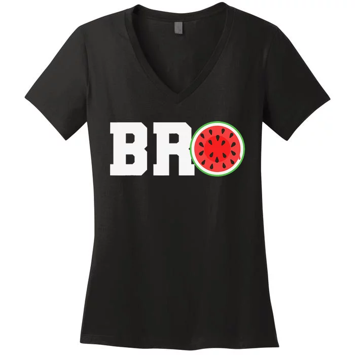 Funny Watermelon Bro Cute Summer Vacation Brother Sibling Women's V-Neck T-Shirt