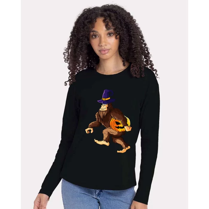 Funny Wizard Bigfoot Carrying Pumpkin Halloween Easy Costume Womens Cotton Relaxed Long Sleeve T-Shirt