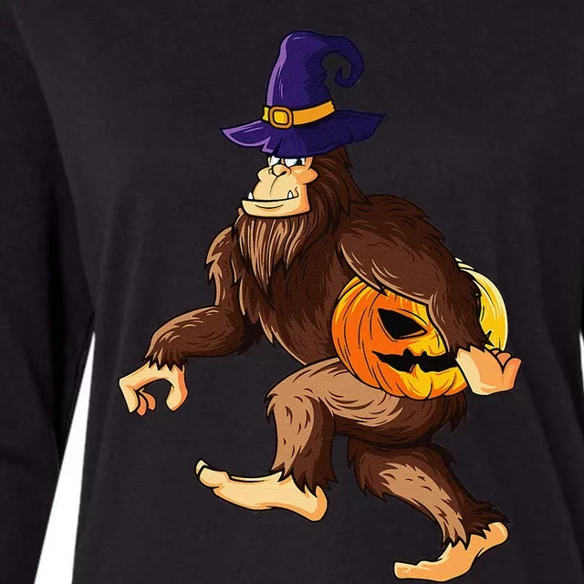 Funny Wizard Bigfoot Carrying Pumpkin Halloween Easy Costume Womens Cotton Relaxed Long Sleeve T-Shirt