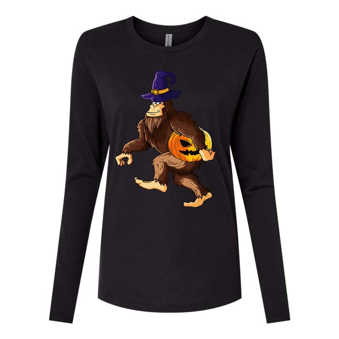 Funny Wizard Bigfoot Carrying Pumpkin Halloween Easy Costume Womens Cotton Relaxed Long Sleeve T-Shirt