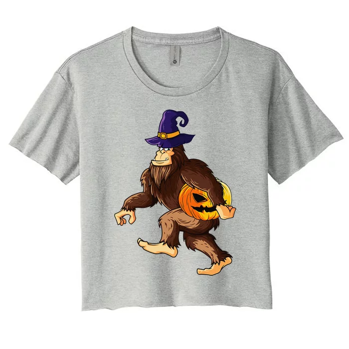 Funny Wizard Bigfoot Carrying Pumpkin Halloween Easy Costume Women's Crop Top Tee