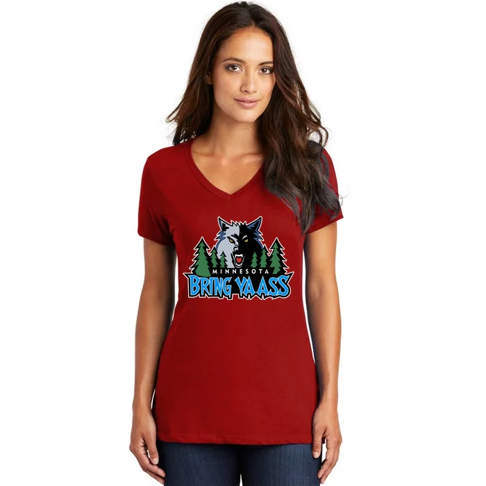 Funny Wolf Bring Ya Ass Minnesota Basketball Women's V-Neck T-Shirt