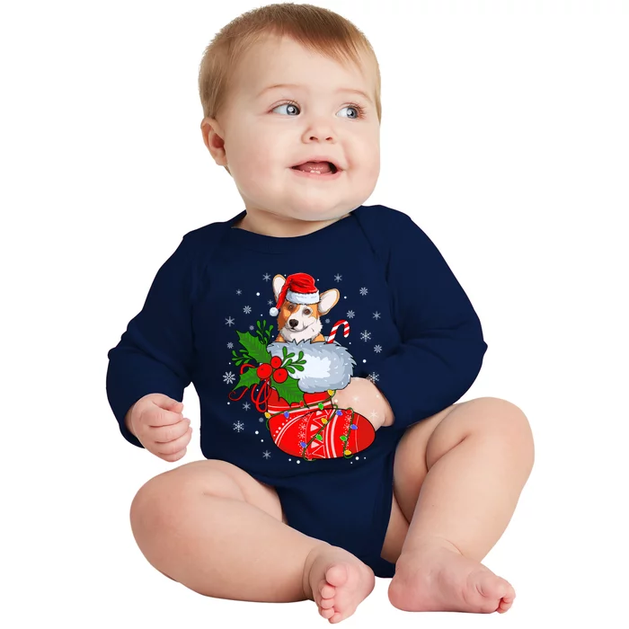 Funny Welsh Corgi Dog In Christmas Socks Welsh Corgi Xmas Gift Baby Long Sleeve Bodysuit