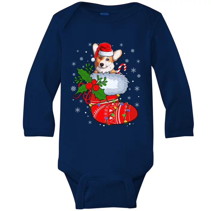 Funny Welsh Corgi Dog In Christmas Socks Welsh Corgi Xmas Gift Baby Long Sleeve Bodysuit