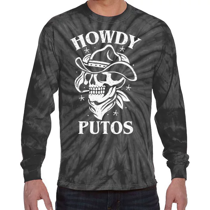 Funny Western Cowboy Skull Gift Hola Putos Spanish Slang Tie-Dye Long Sleeve Shirt